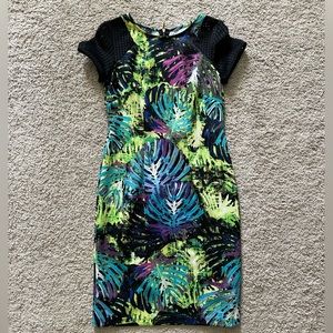 Multi color palm leaf cocktail dress